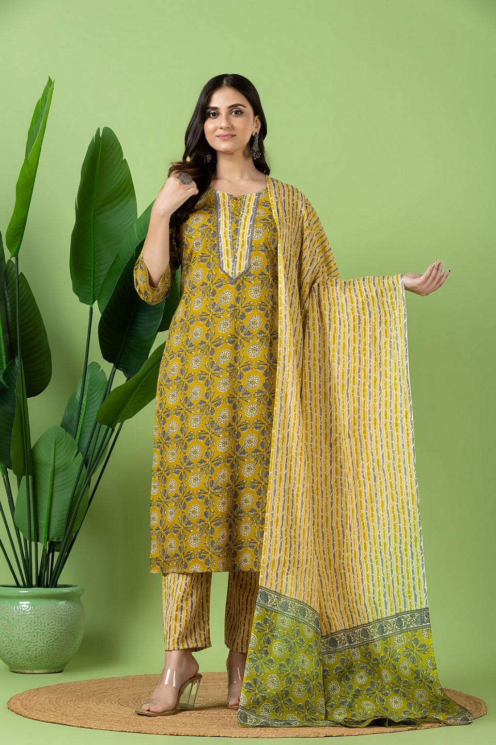 Yellow & Grey Floral Print Kurta With Pant & Dupatta