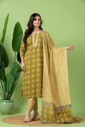 Yellow & Grey Floral Print Kurta With Pant & Dupatta