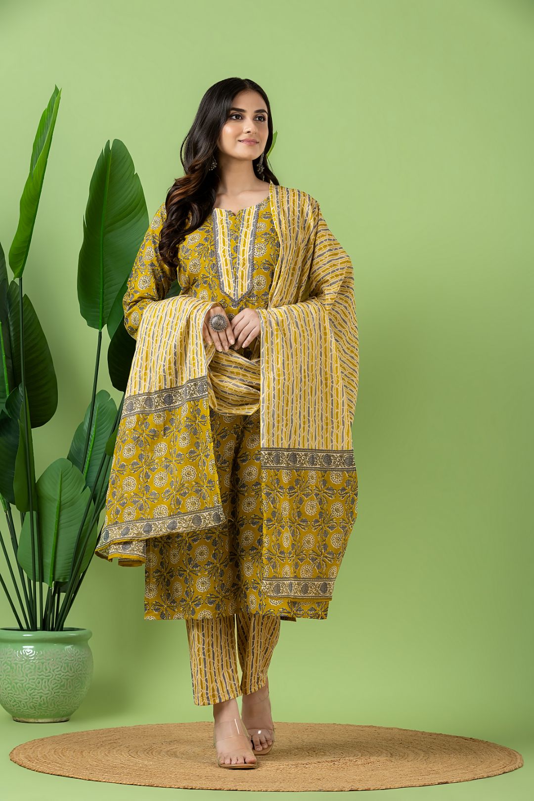 Yellow & Grey Floral Print Kurta With Pant & Dupatta