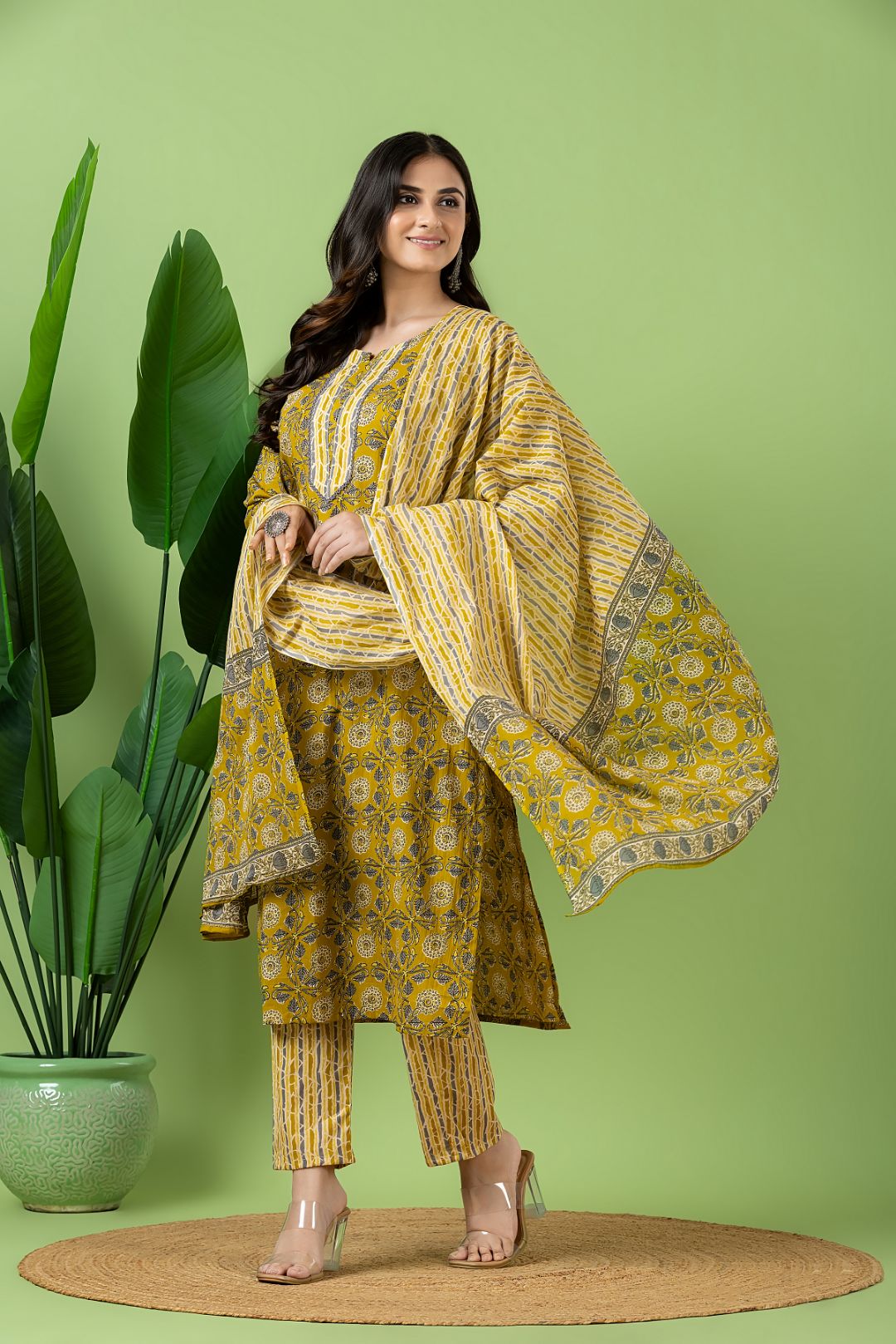 Yellow & Grey Floral Print Kurta With Pant & Dupatta
