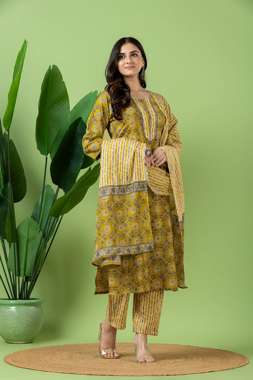 Yellow & Grey Floral Print Kurta With Pant & Dupatta
