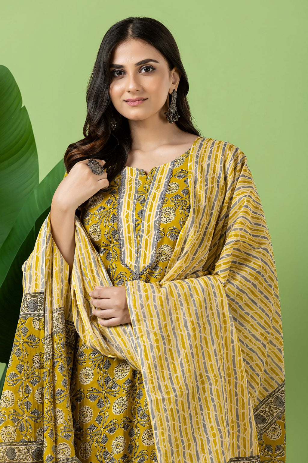 Yellow & Grey Floral Print Kurta With Pant & Dupatta