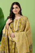 Yellow & Grey Floral Print Kurta With Pant & Dupatta