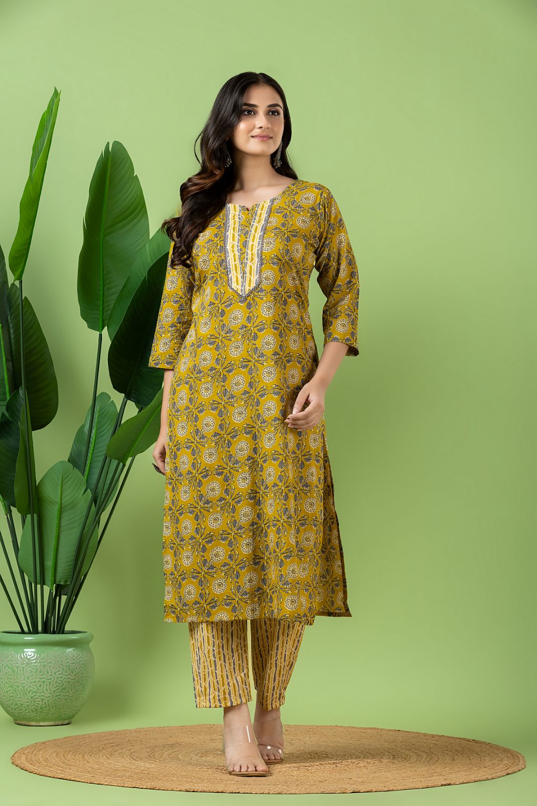 Yellow & Grey Floral Print Kurta With Pant & Dupatta
