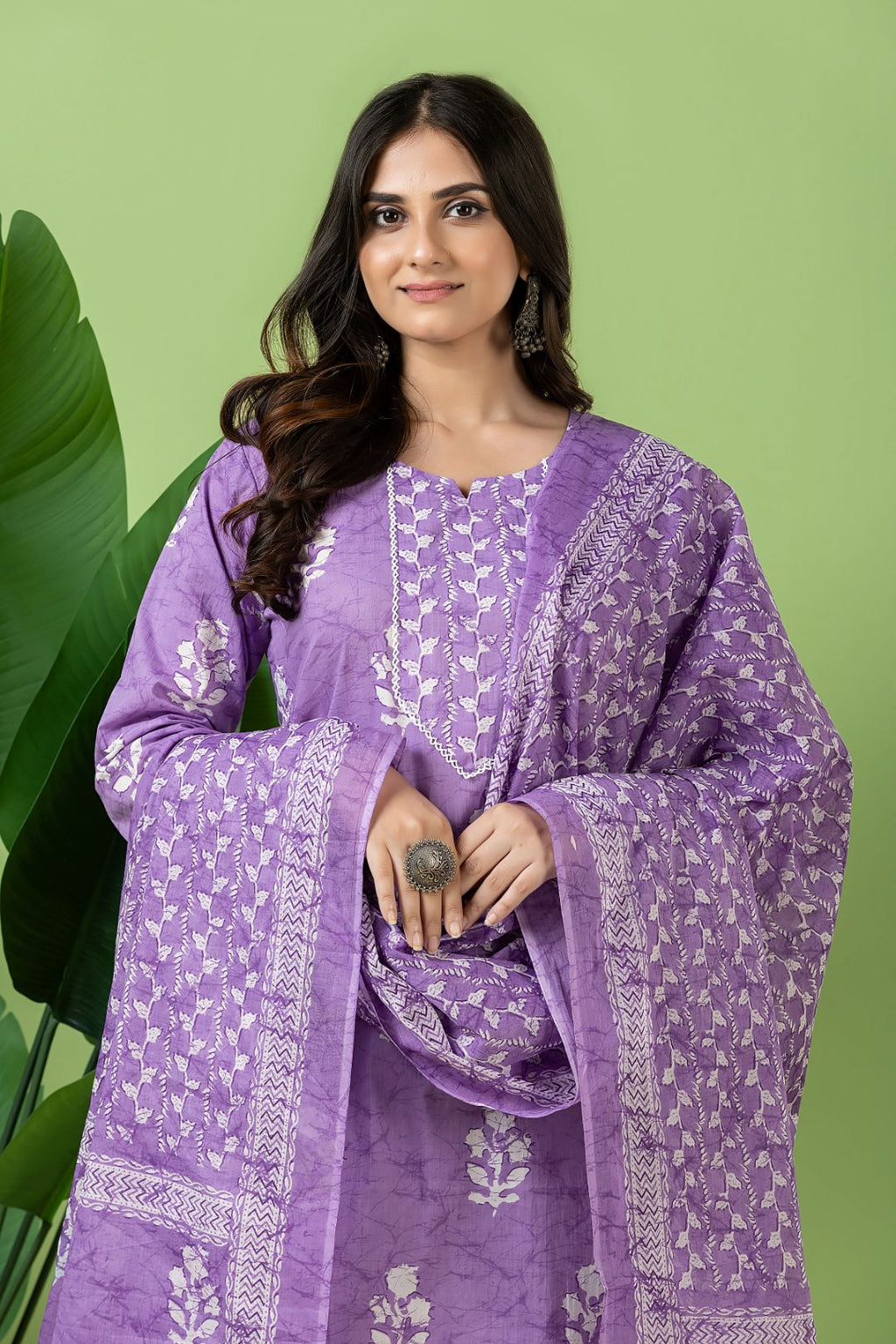 Lavender Floral Print Kurta With Pant & Dupatta