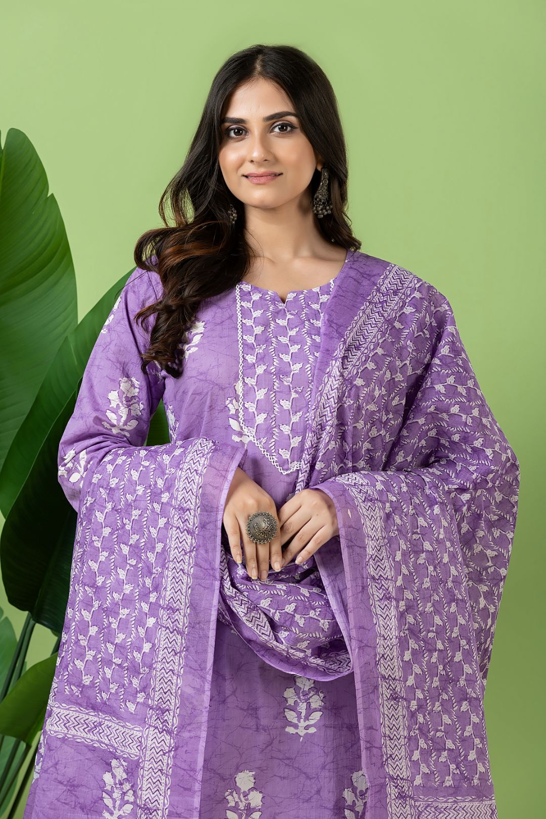 Lavender Floral Print Kurta With Pant & Dupatta