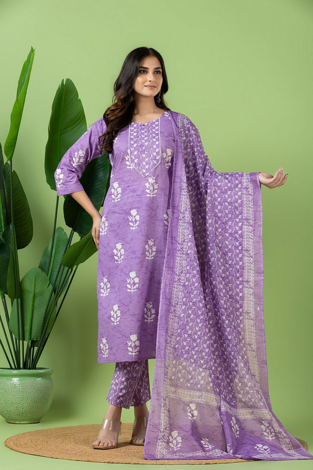 Lavender Floral Print Kurta With Pant & Dupatta