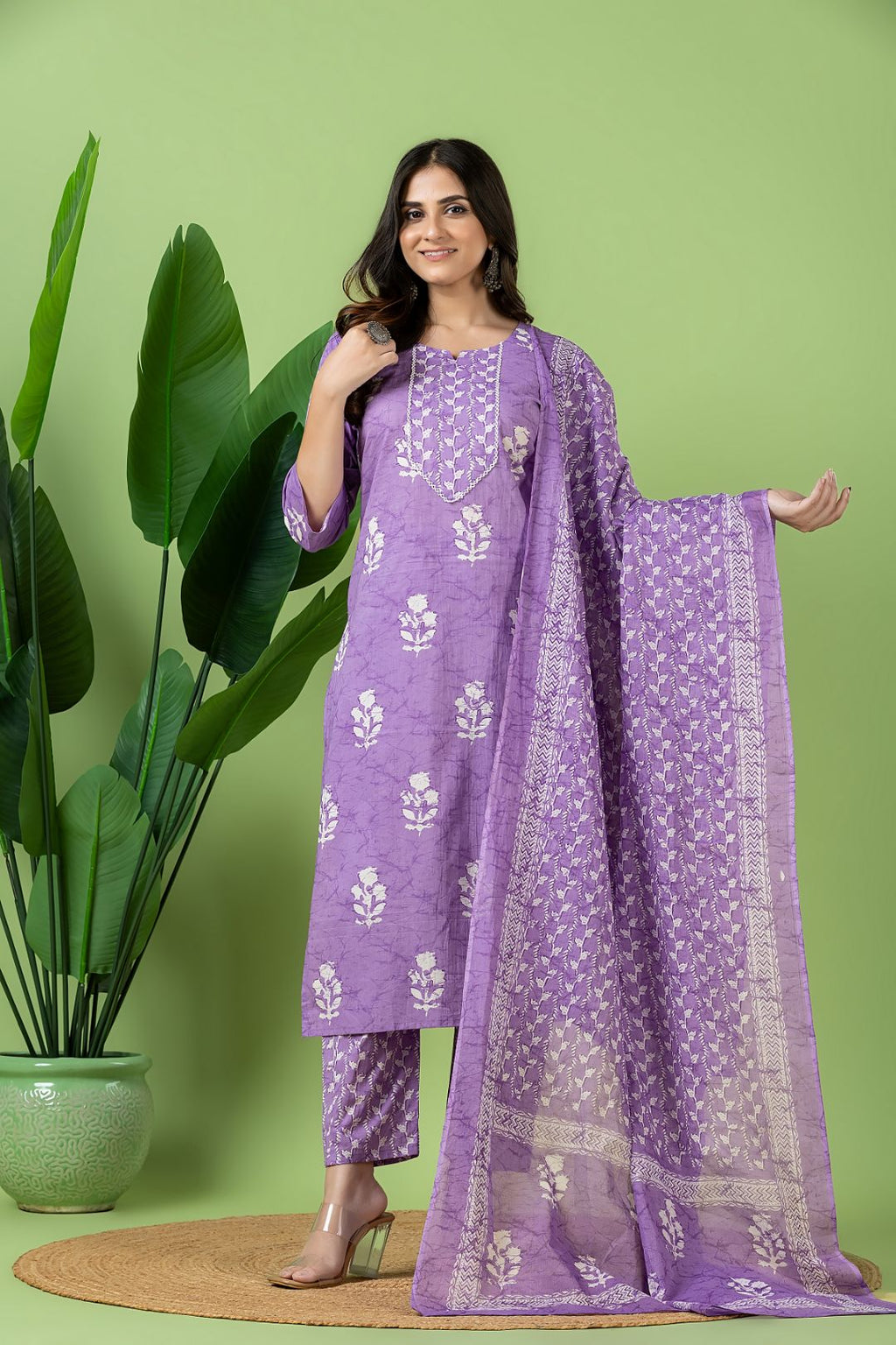 Lavender Floral Print Kurta With Pant & Dupatta