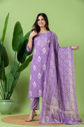 Lavender Floral Print Kurta With Pant & Dupatta