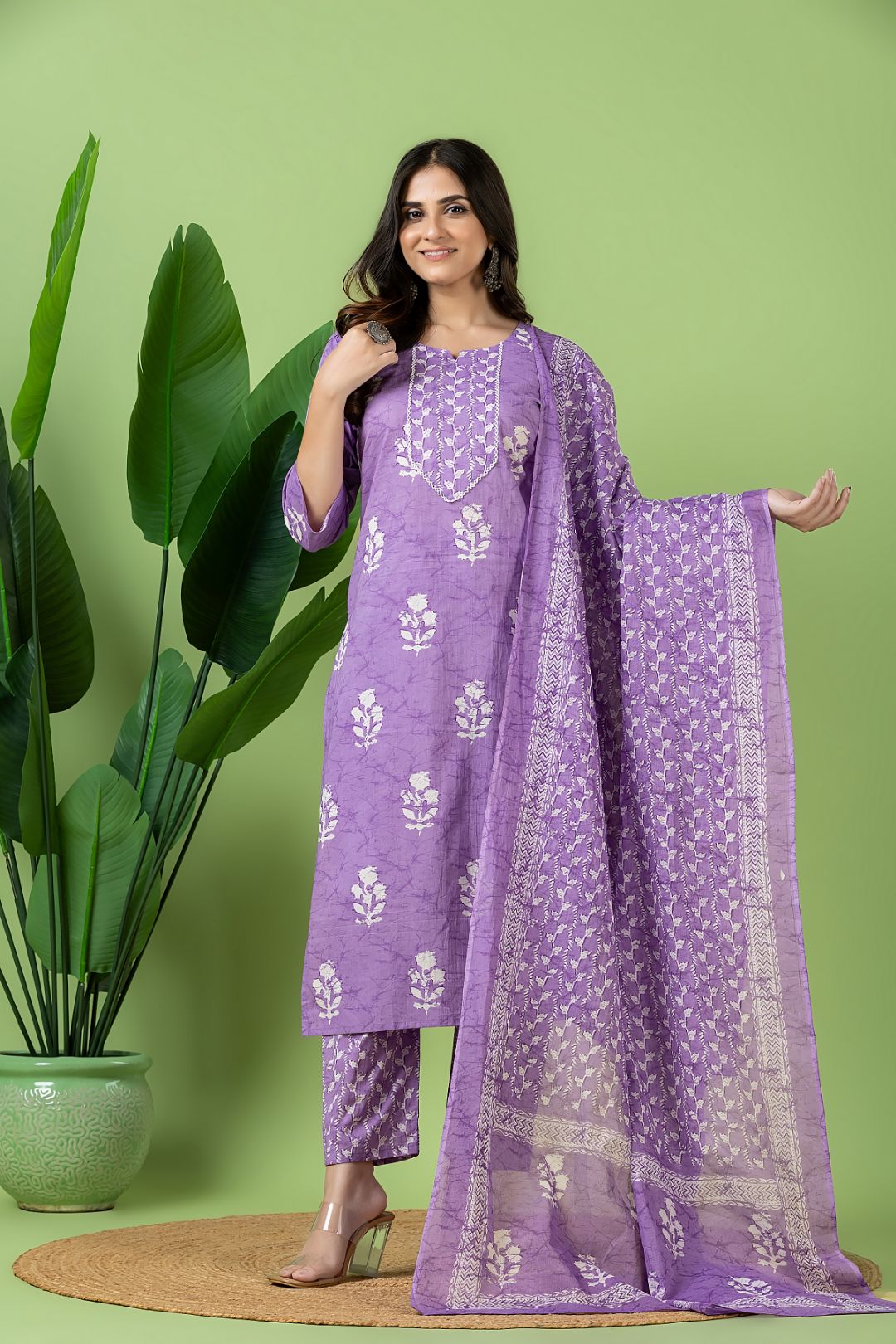 Lavender Floral Print Kurta With Pant & Dupatta