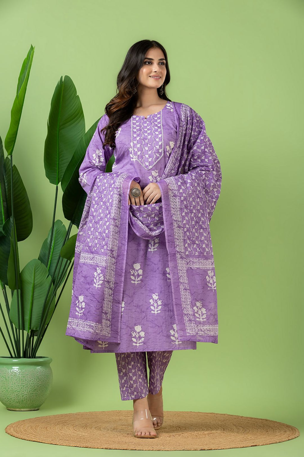 Lavender Floral Print Kurta With Pant & Dupatta