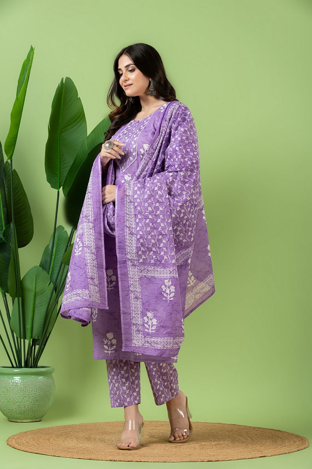 Lavender Floral Print Kurta With Pant & Dupatta