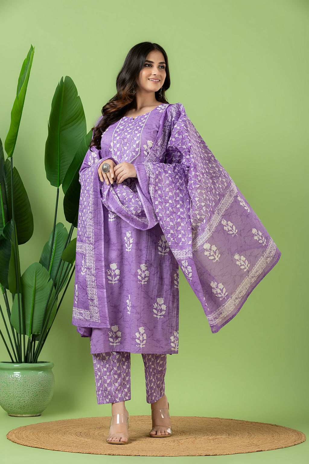 Lavender Floral Print Kurta With Pant & Dupatta