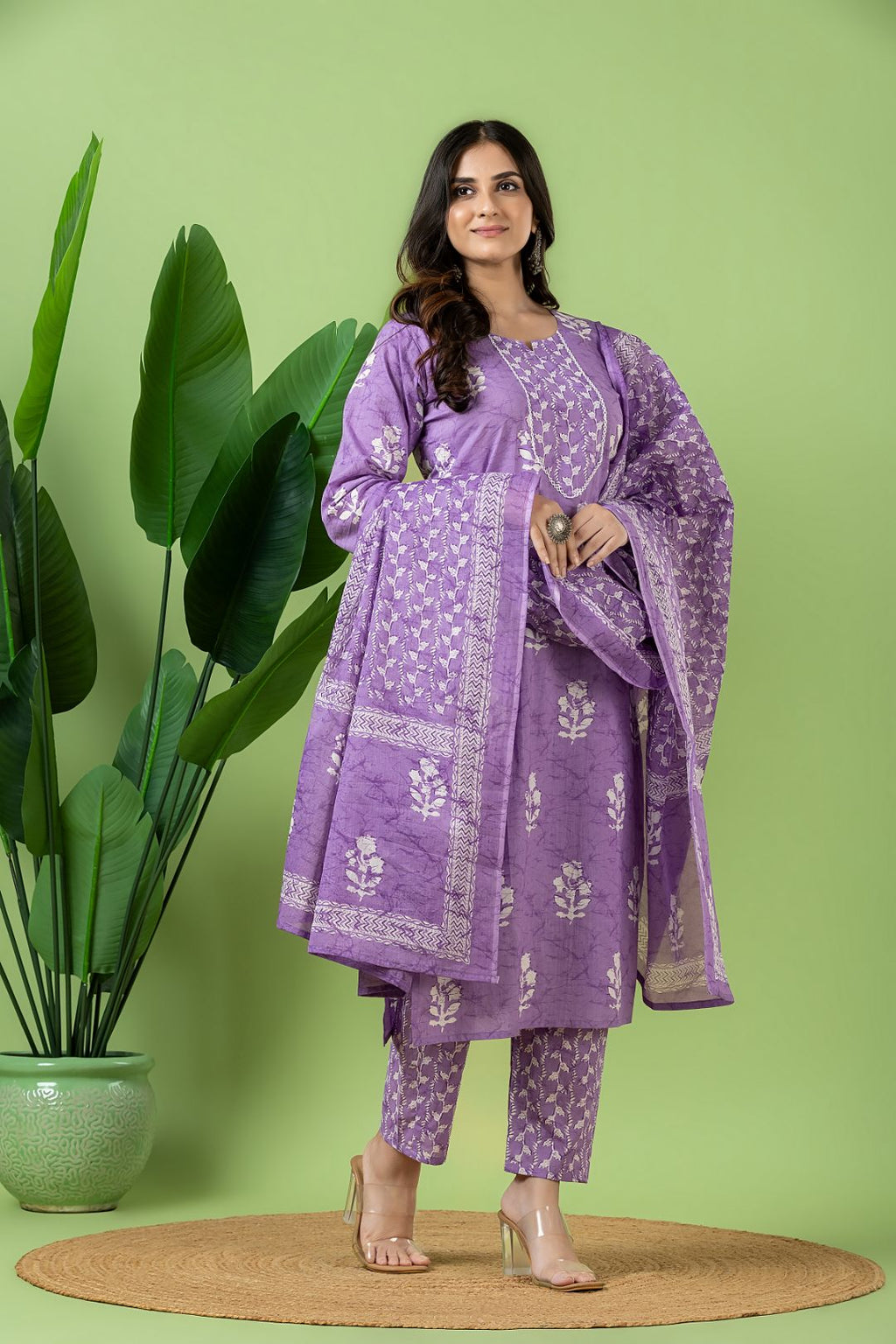 Lavender Floral Print Kurta With Pant & Dupatta