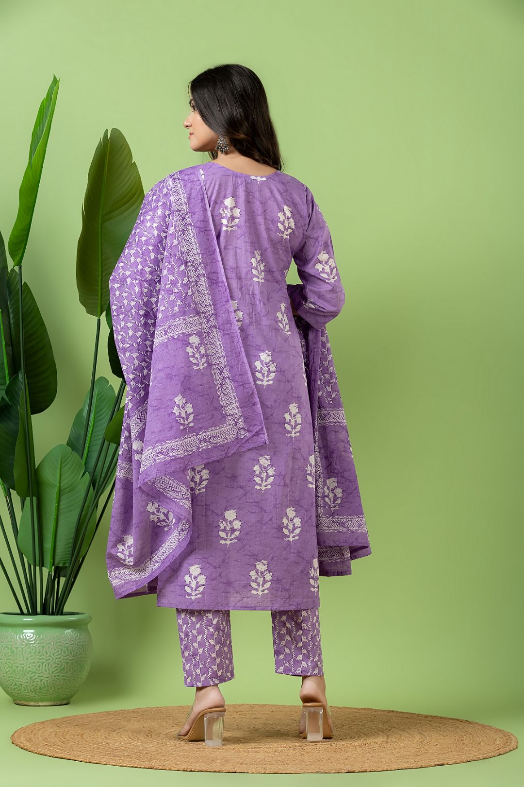 Lavender Floral Print Kurta With Pant & Dupatta