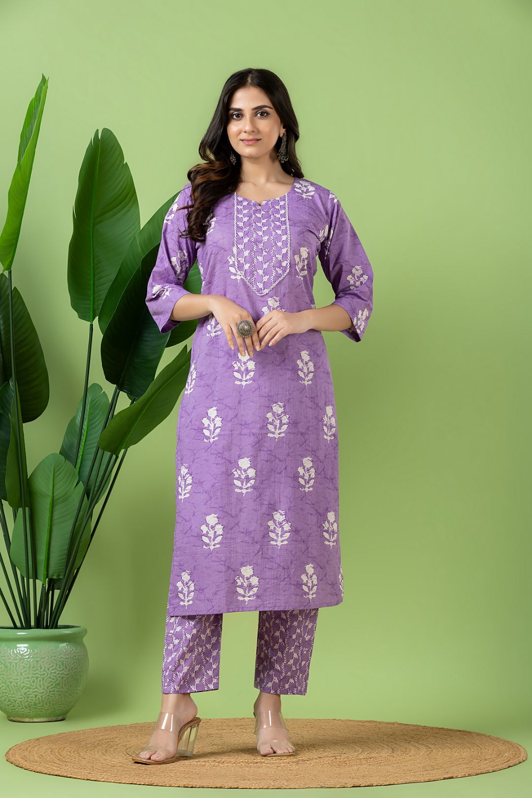 Lavender Floral Print Kurta With Pant & Dupatta