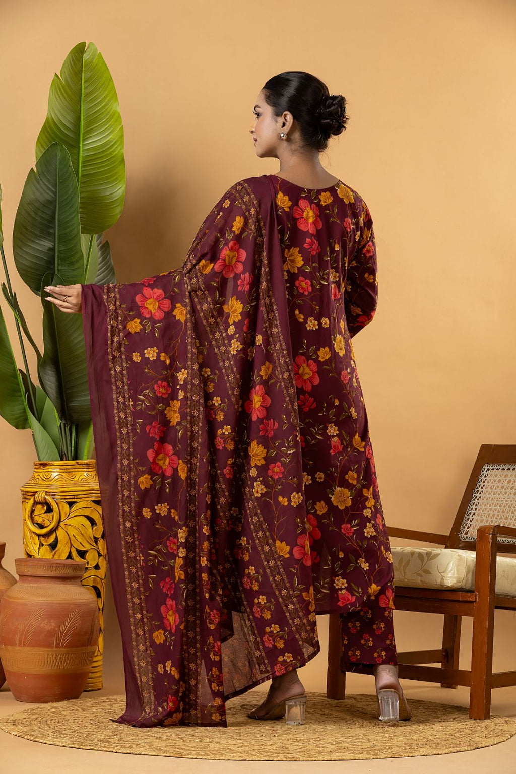 Burgundy Floral Print Kurta With Pant & Dupatta