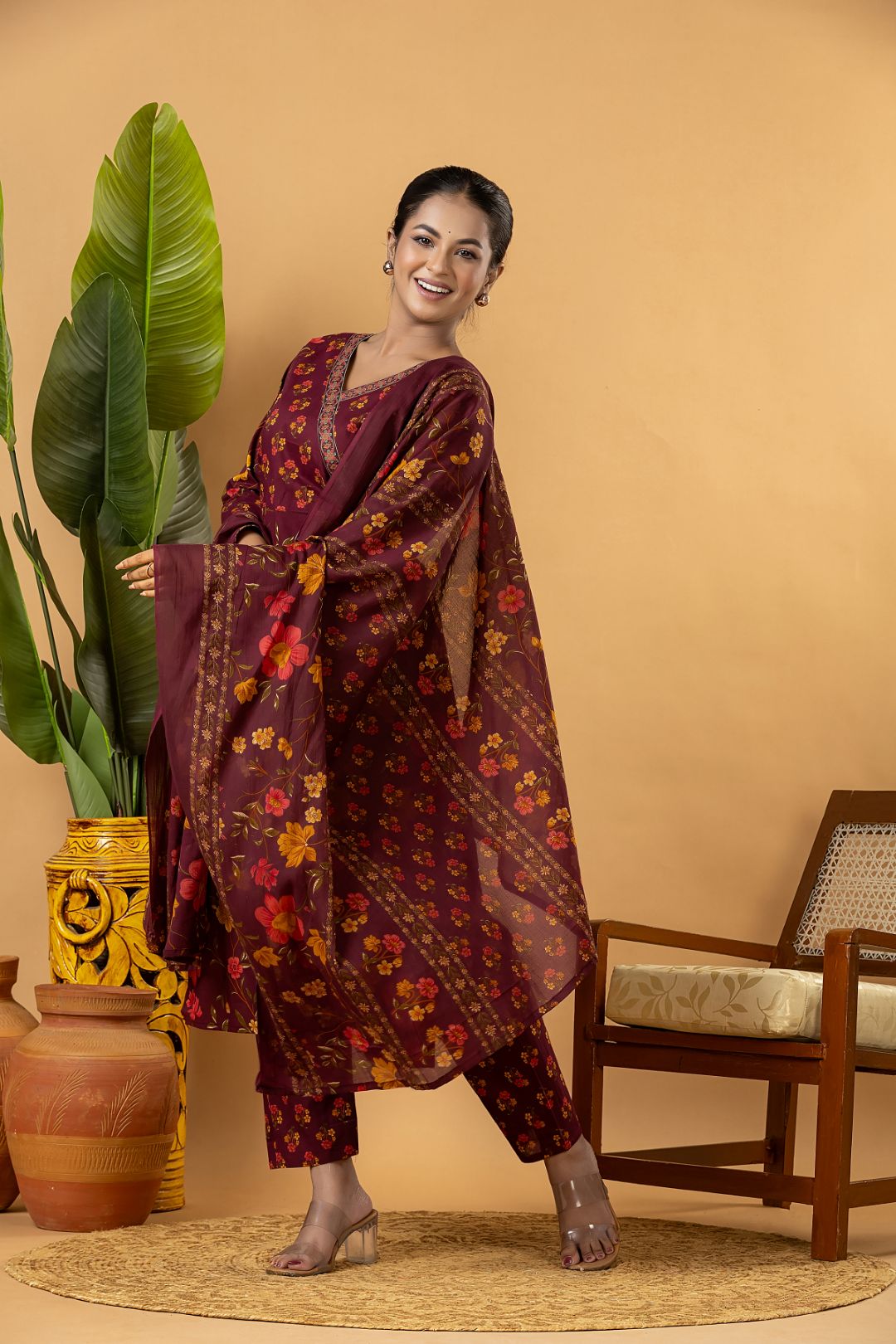 Burgundy Floral Print Kurta With Pant & Dupatta