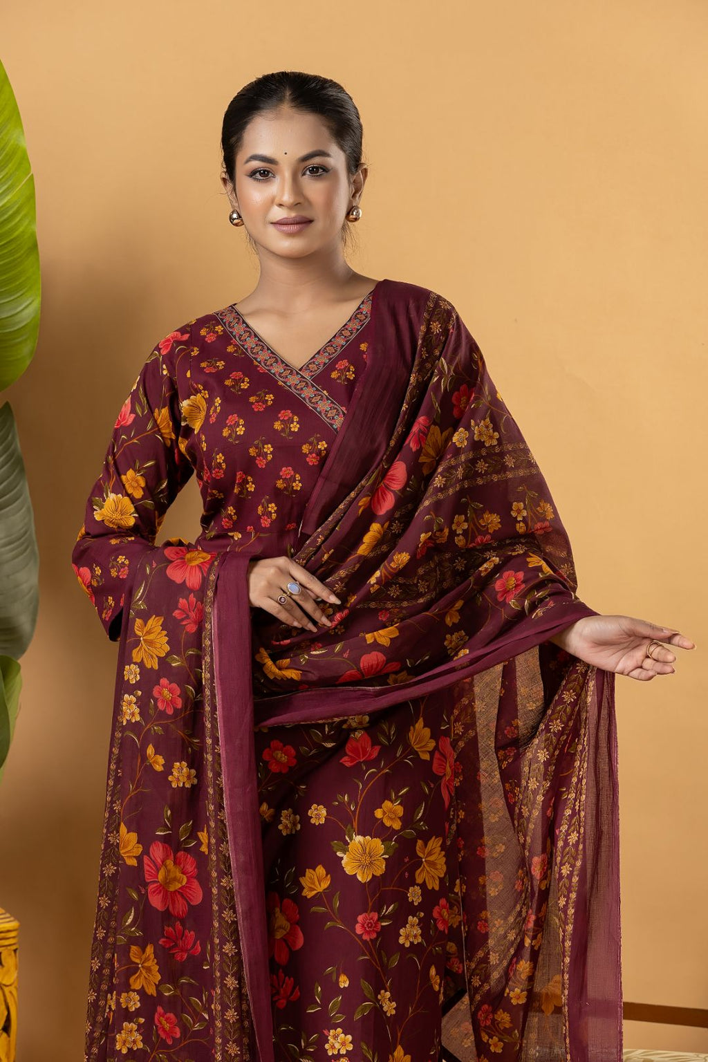 Burgundy Floral Print Kurta With Pant & Dupatta