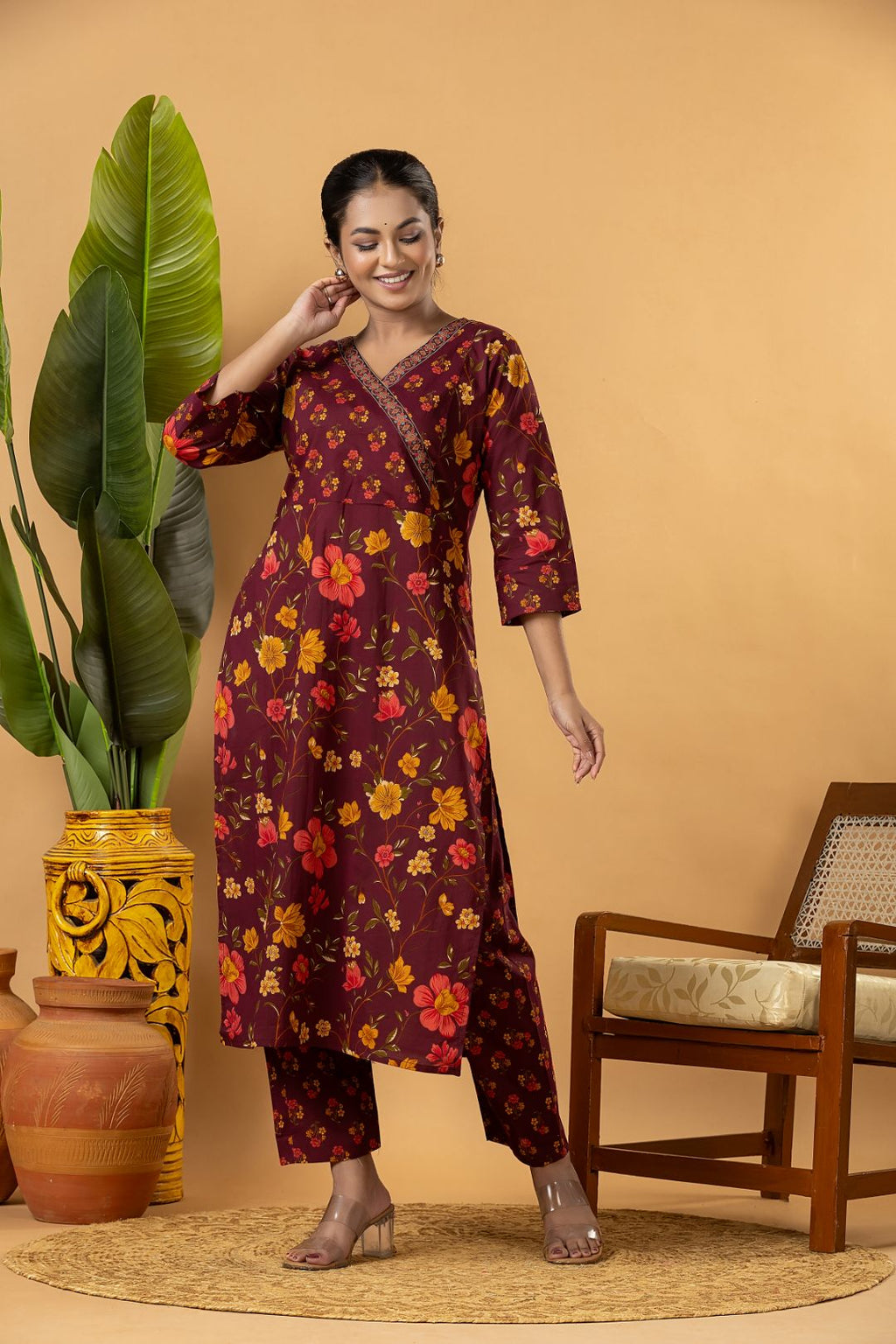 Burgundy Floral Print Kurta With Pant & Dupatta