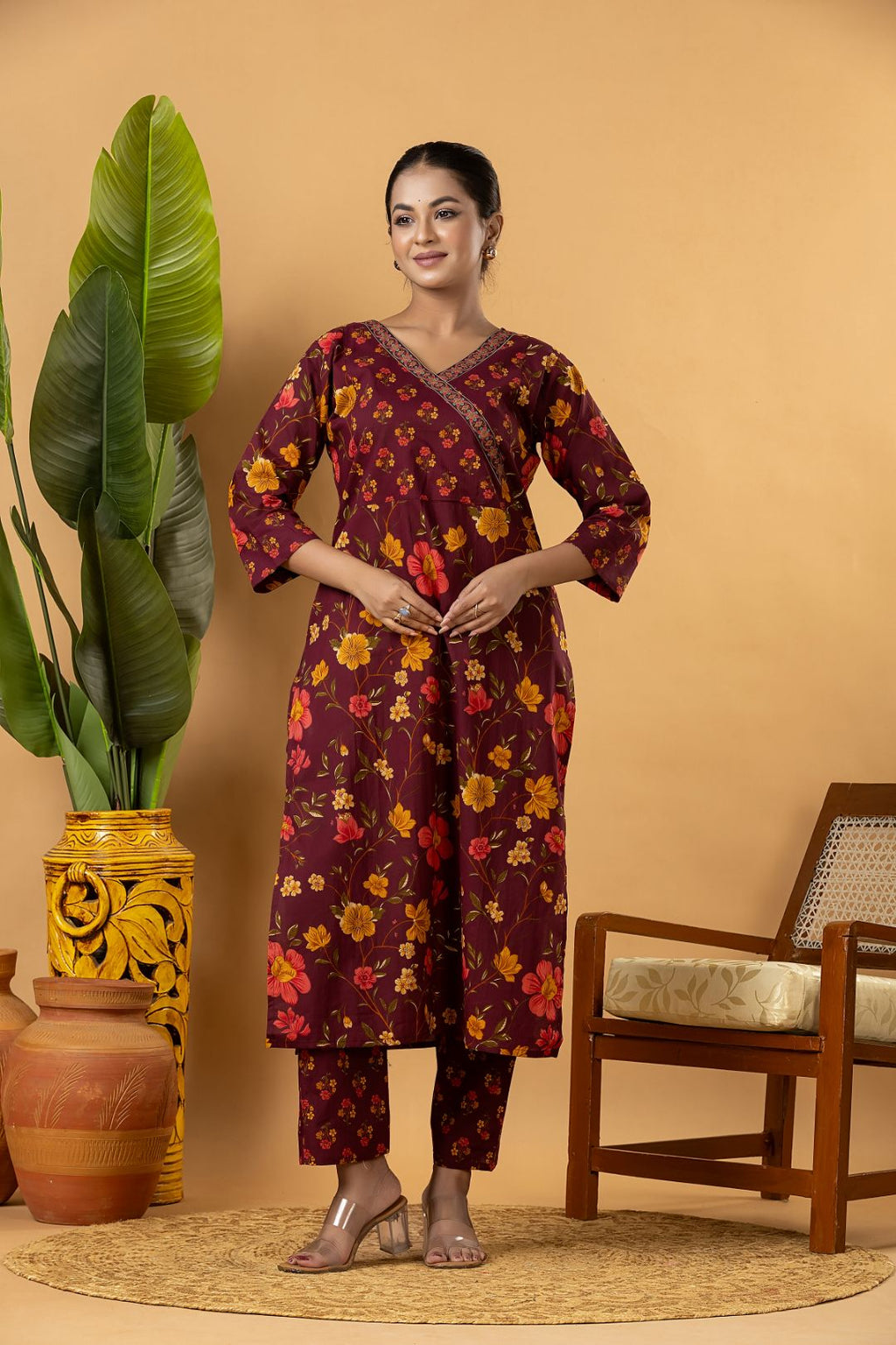 Burgundy Floral Print Kurta With Pant & Dupatta