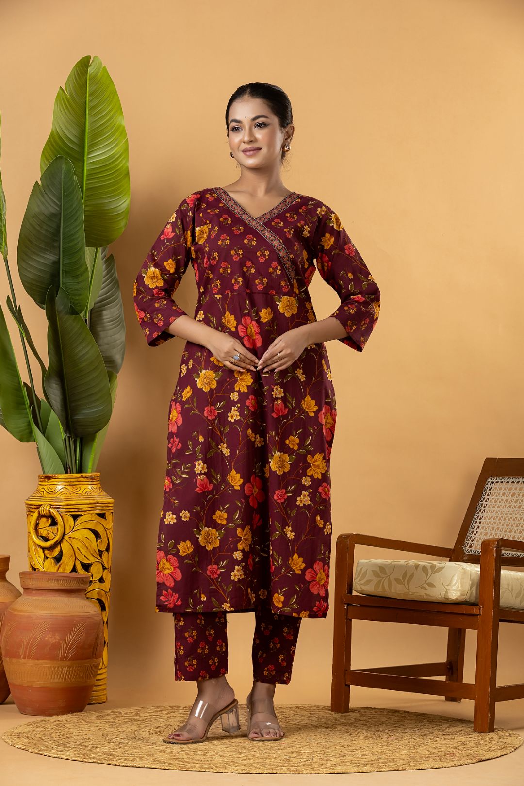 Burgundy Floral Print Kurta With Pant & Dupatta