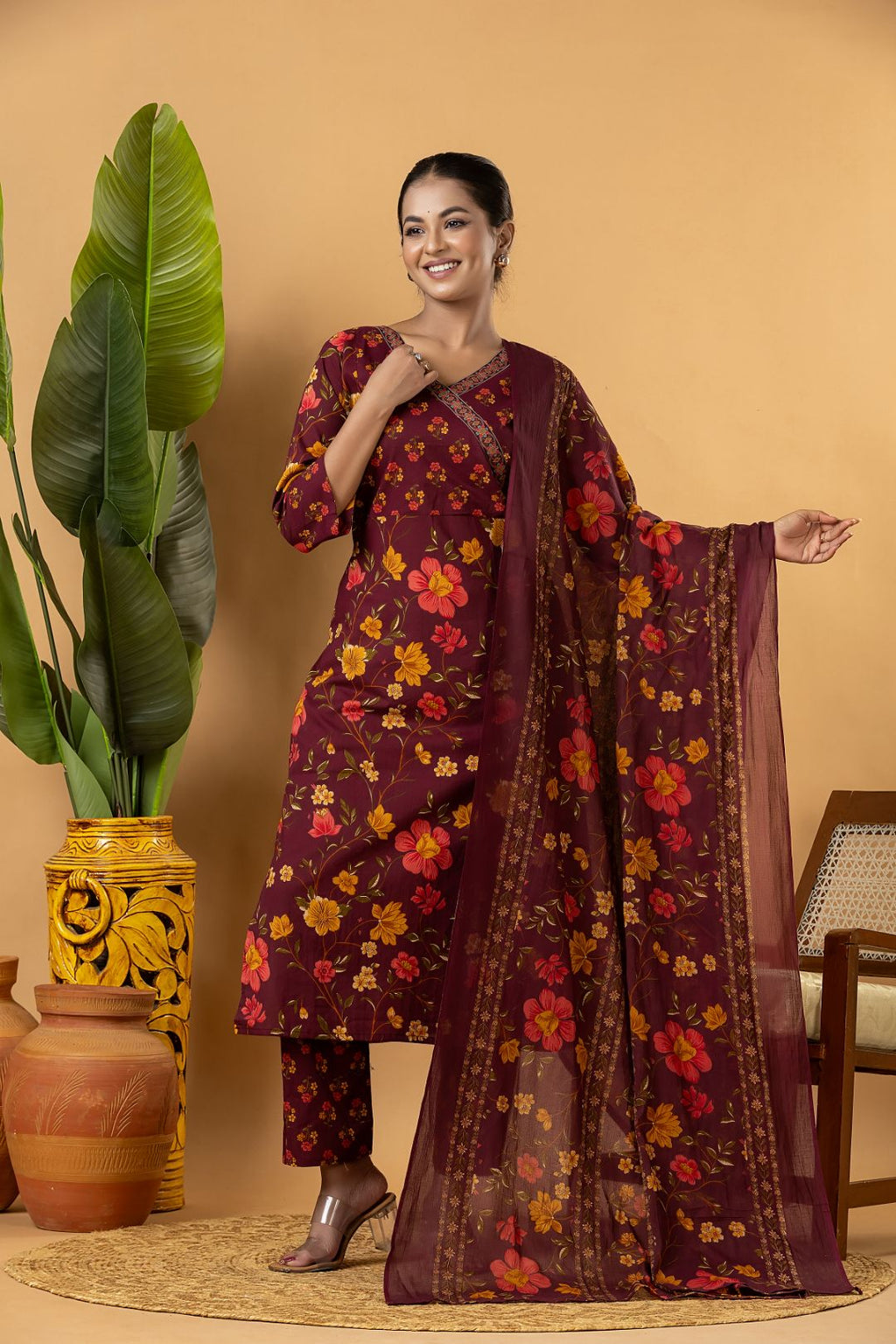 Burgundy Floral Print Kurta With Pant & Dupatta