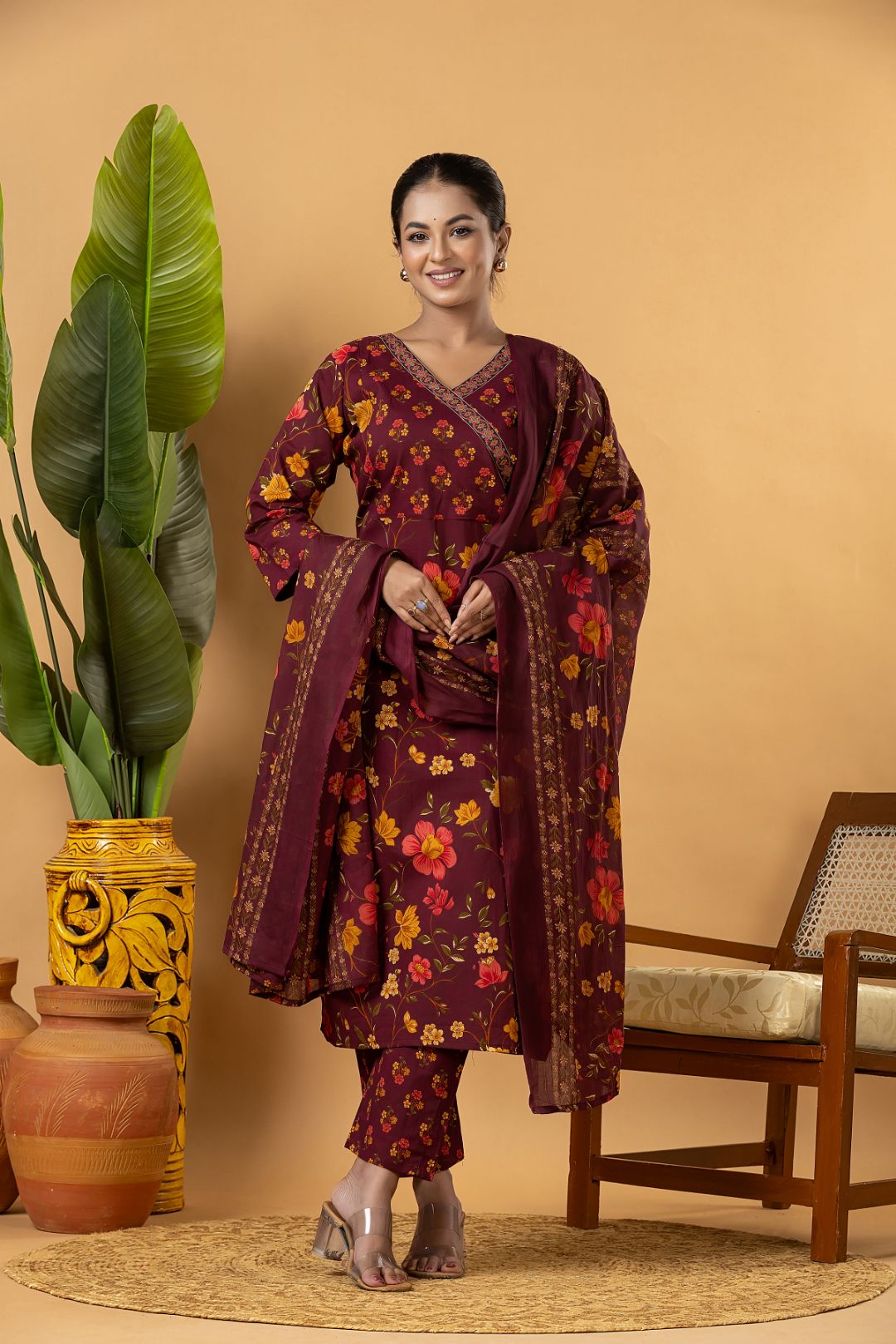 Burgundy Floral Print Kurta With Pant & Dupatta