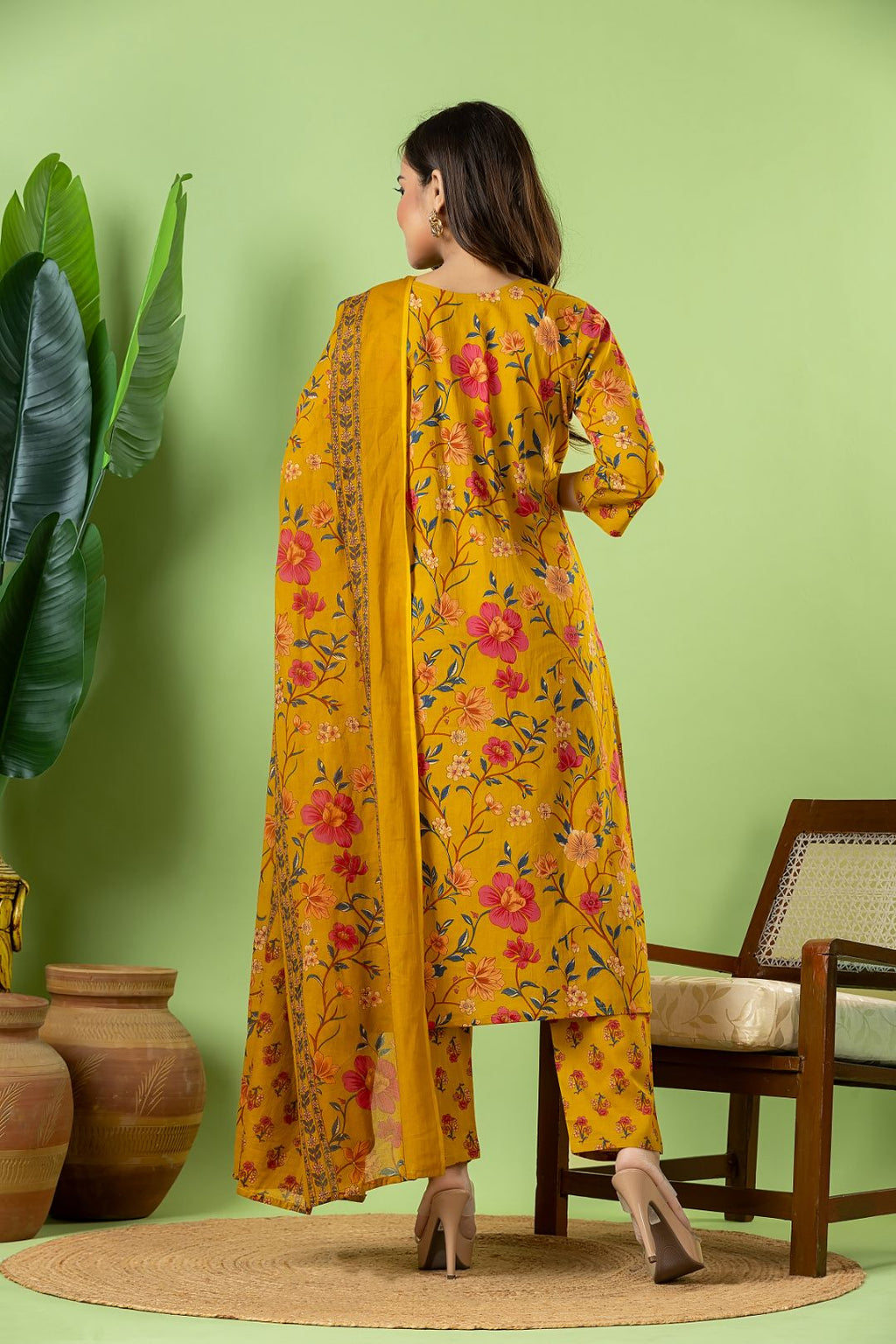 Yellow Floral Print Kurta With Pant & Dupatta