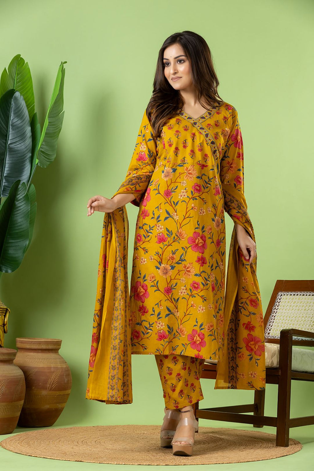 Yellow Floral Print Kurta With Pant & Dupatta