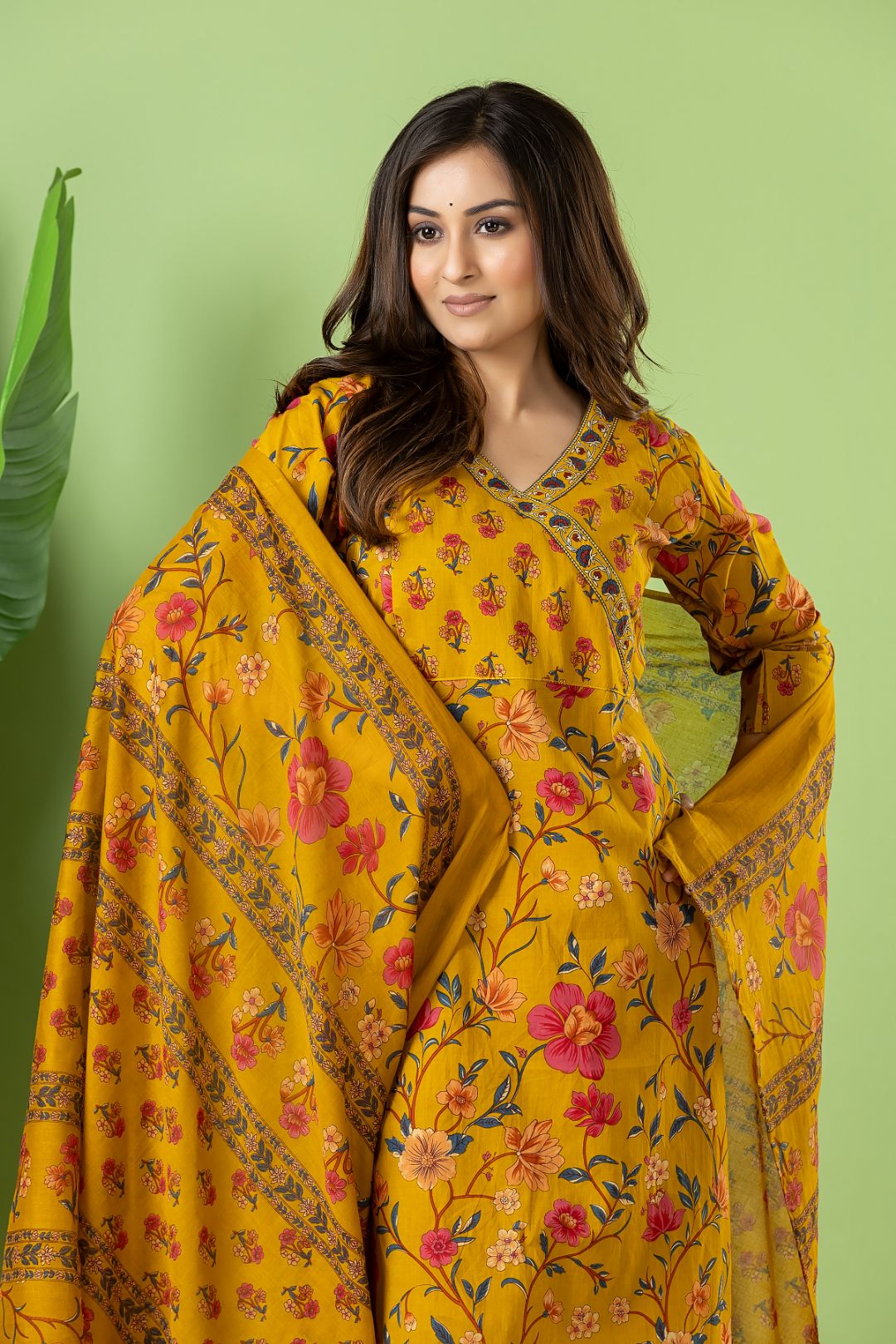 Yellow Floral Print Kurta With Pant & Dupatta