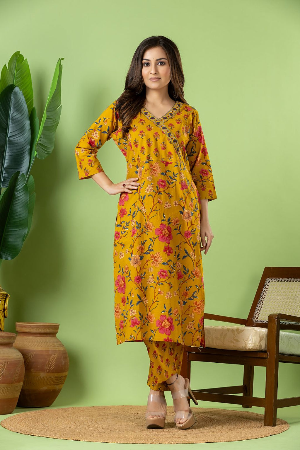 Yellow Floral Print Kurta With Pant & Dupatta