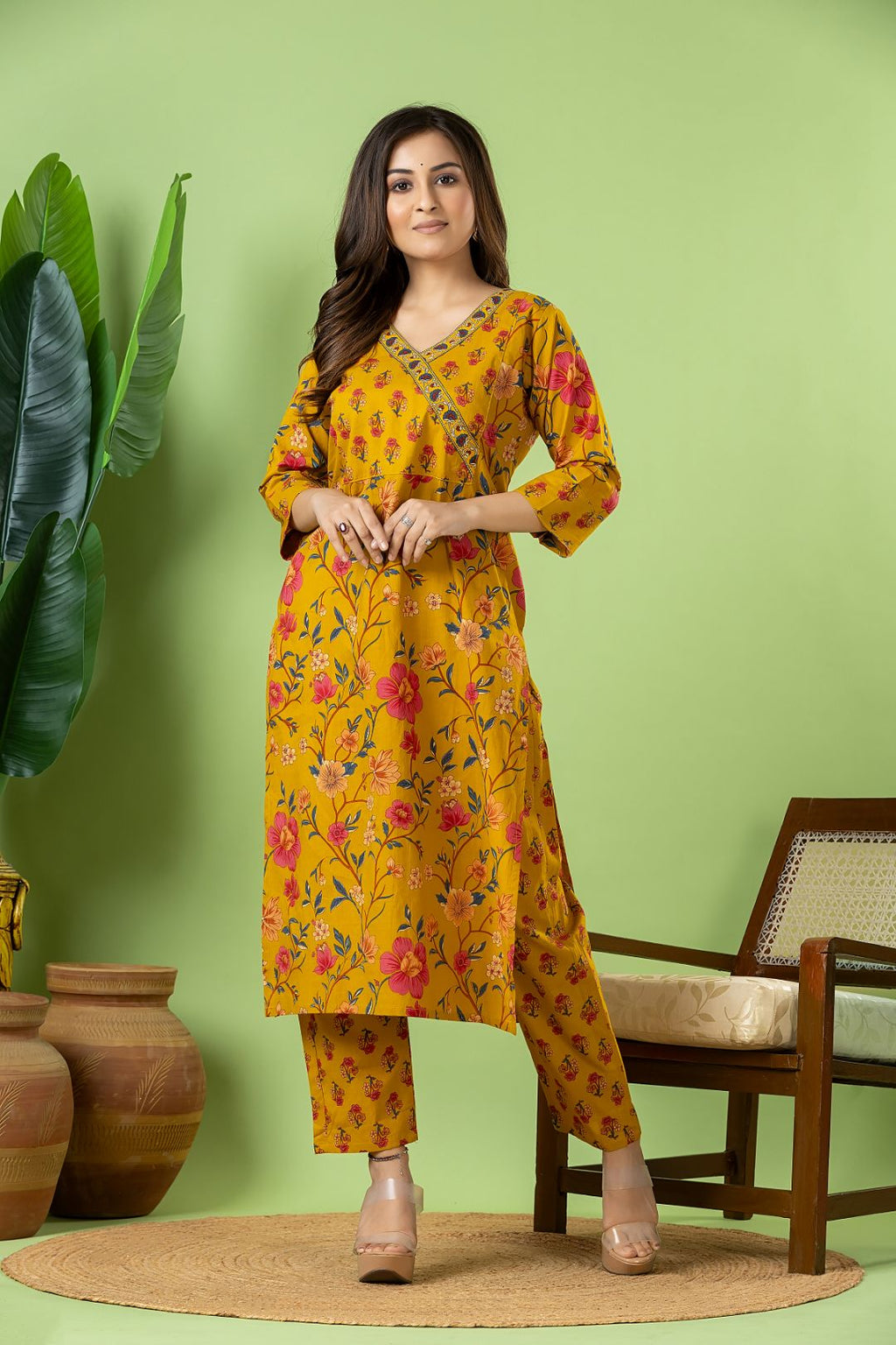 Yellow Floral Print Kurta With Pant & Dupatta