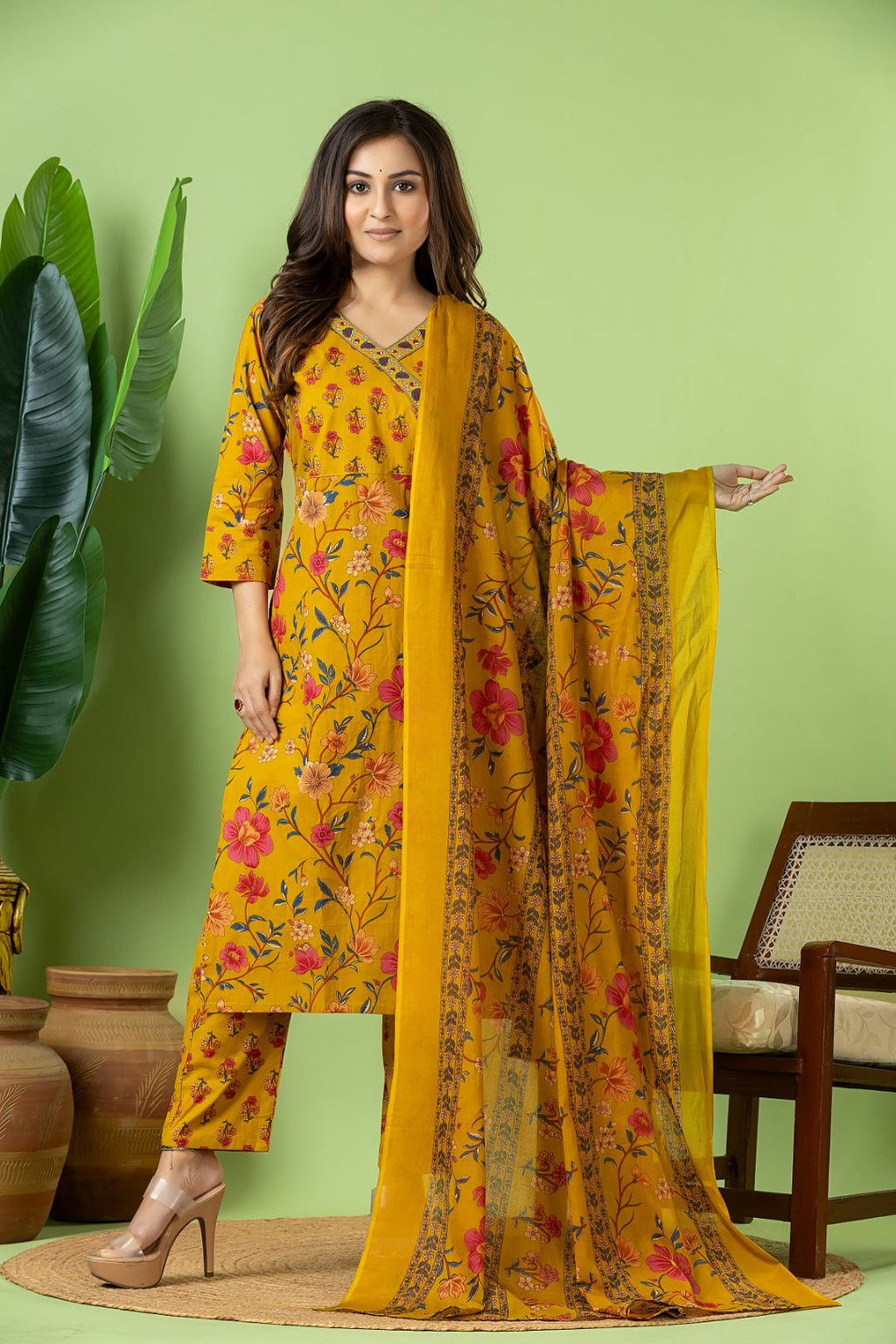 Yellow Floral Print Kurta With Pant & Dupatta
