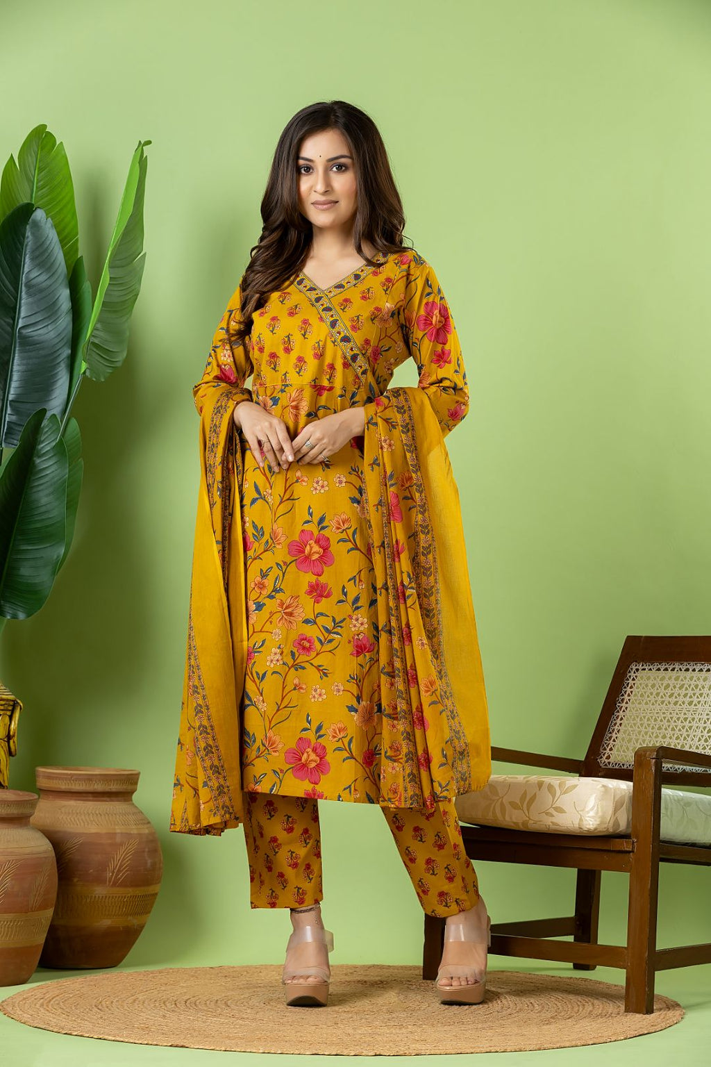 Yellow Floral Print Kurta With Pant & Dupatta