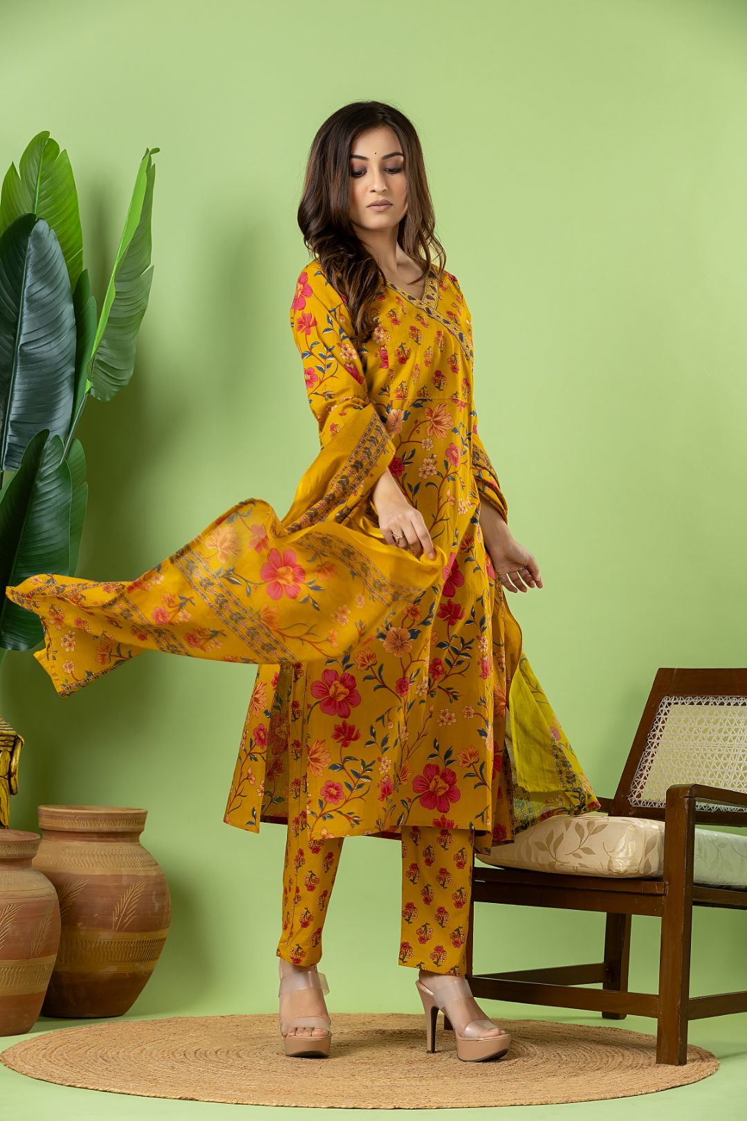 Yellow Floral Print Kurta With Pant & Dupatta