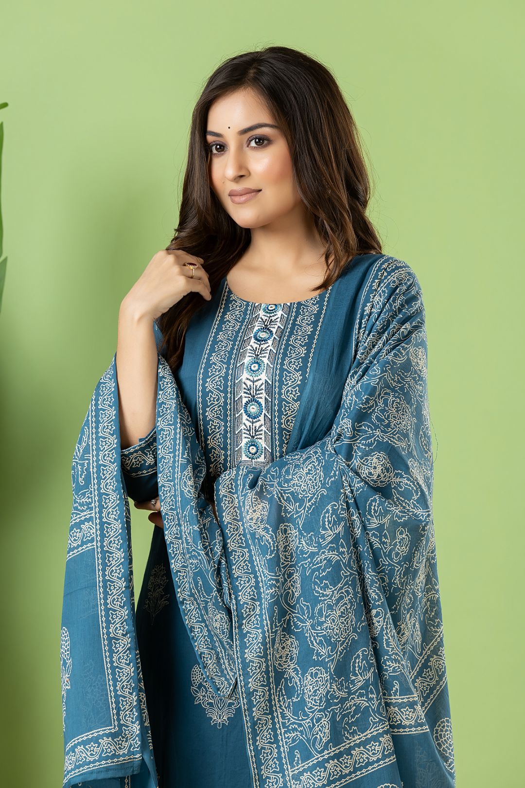 Teal Blue Floral  Embroidered Kurta With Pant & Dupatta
