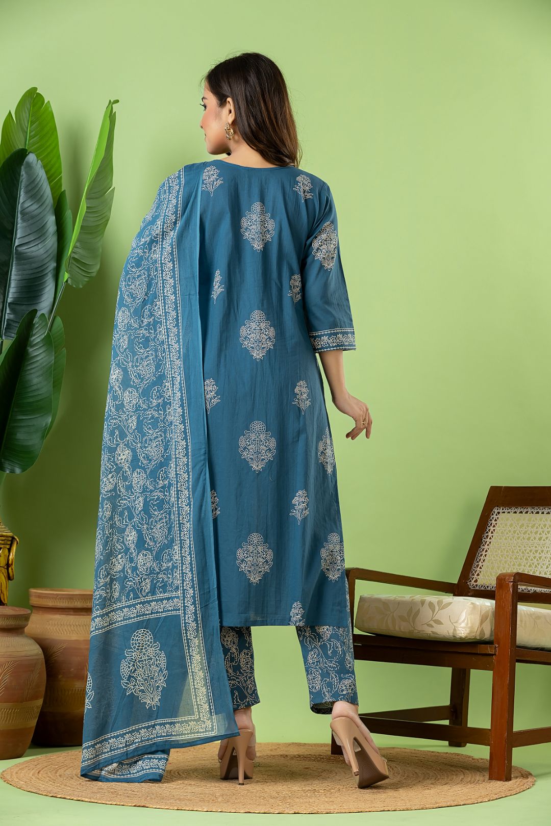 Teal Blue Floral  Embroidered Kurta With Pant & Dupatta