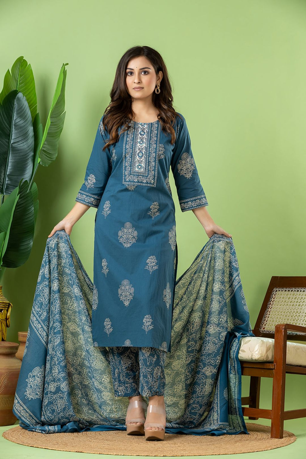 Teal Blue Floral  Embroidered Kurta With Pant & Dupatta