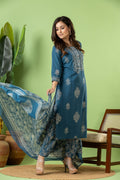 Teal Blue Floral  Embroidered Kurta With Pant & Dupatta