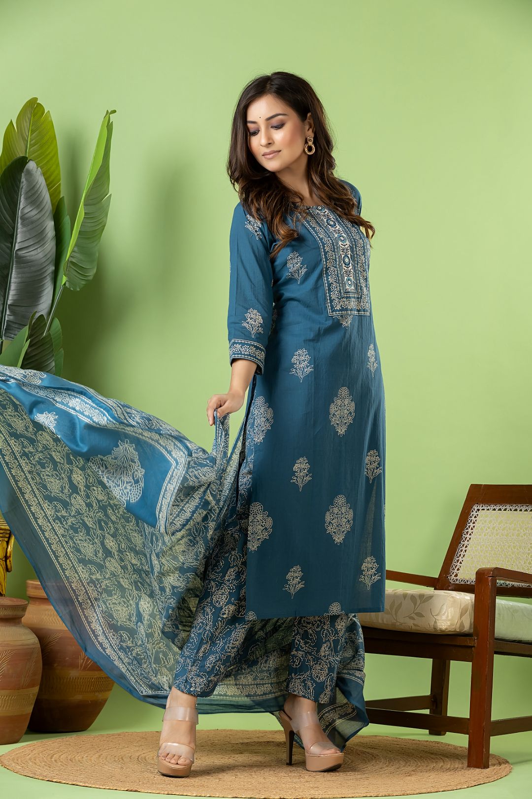 Teal Blue Floral  Embroidered Kurta With Pant & Dupatta