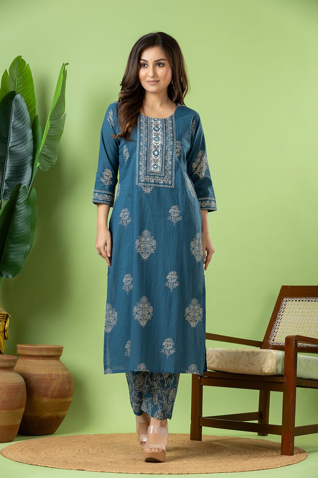 Teal Blue Floral  Embroidered Kurta With Pant & Dupatta