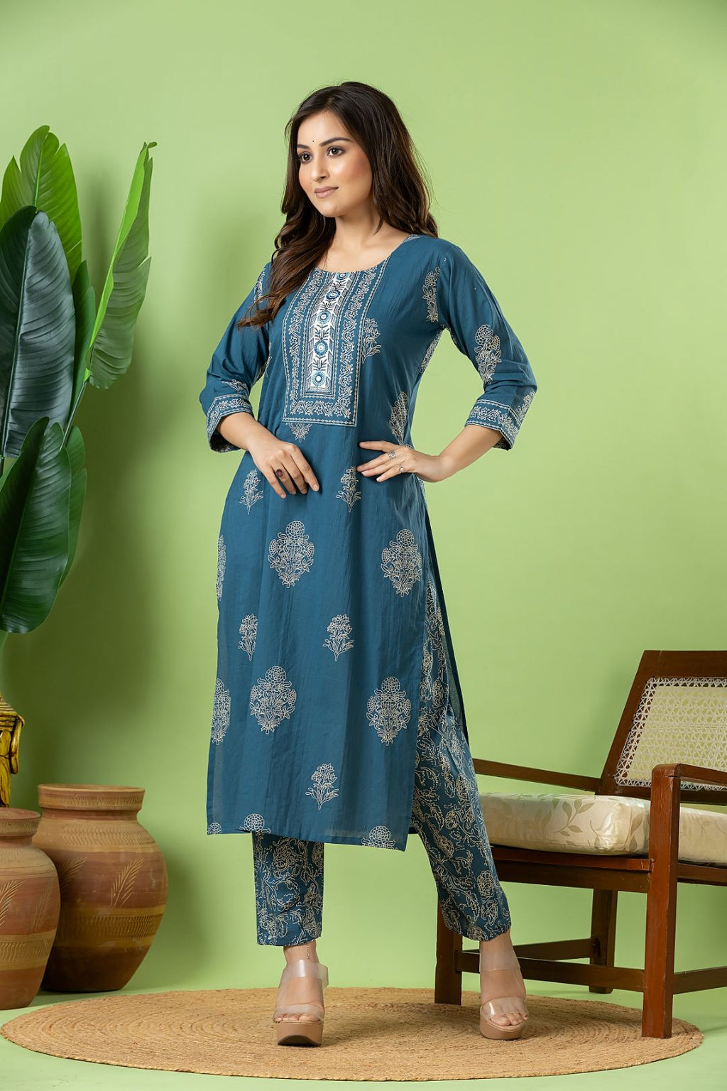 Teal Blue Floral  Embroidered Kurta With Pant & Dupatta