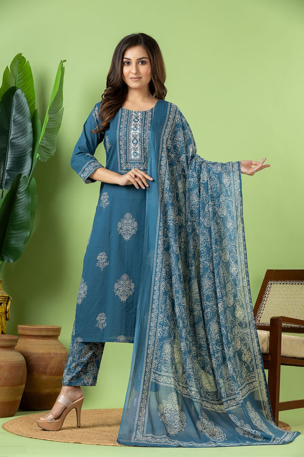 Teal Blue Floral  Embroidered Kurta With Pant & Dupatta