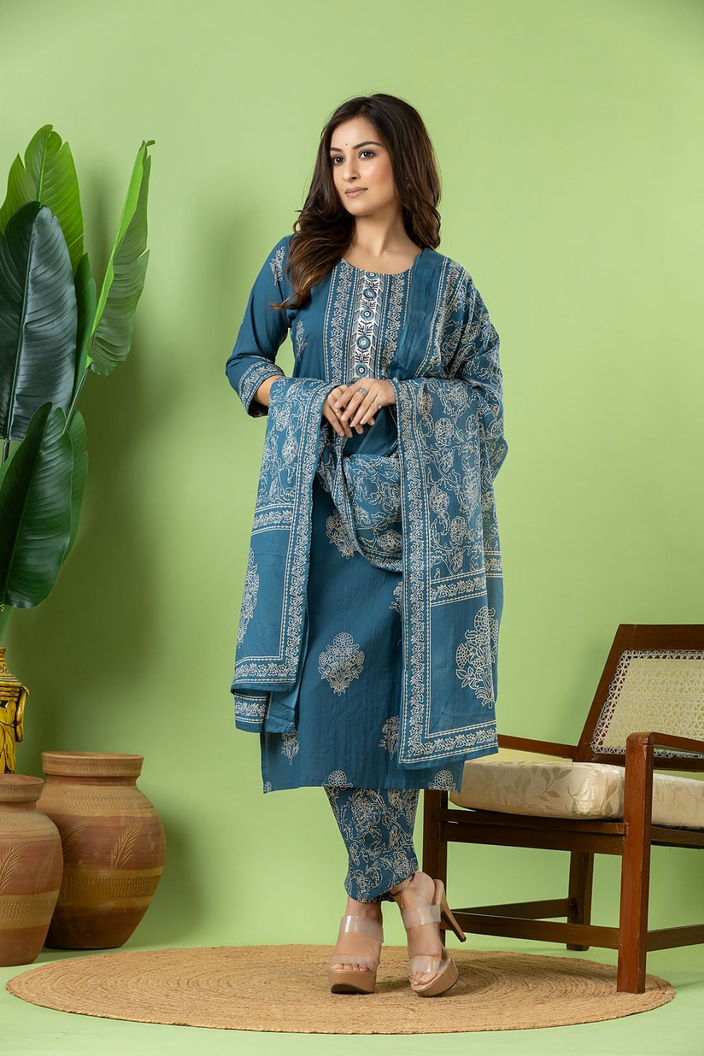 Teal Blue Floral  Embroidered Kurta With Pant & Dupatta