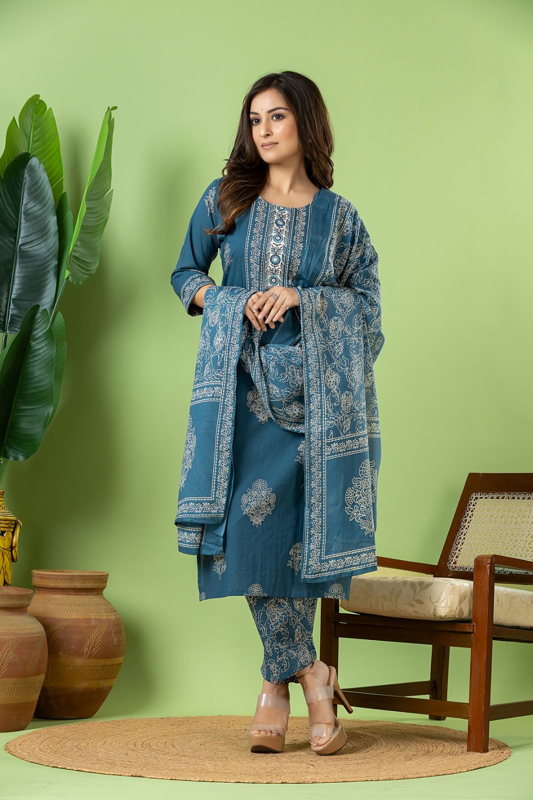 Teal Blue Floral  Embroidered Kurta With Pant & Dupatta