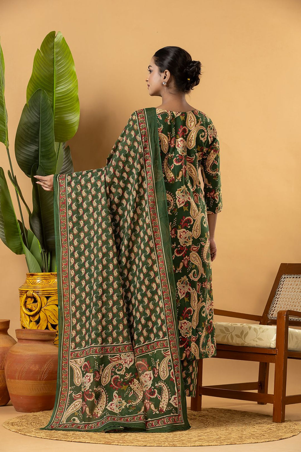 Dark Green Paisley Print Kurta With Pant & Dupatta