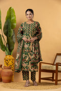 Dark Green Paisley Print Kurta With Pant & Dupatta