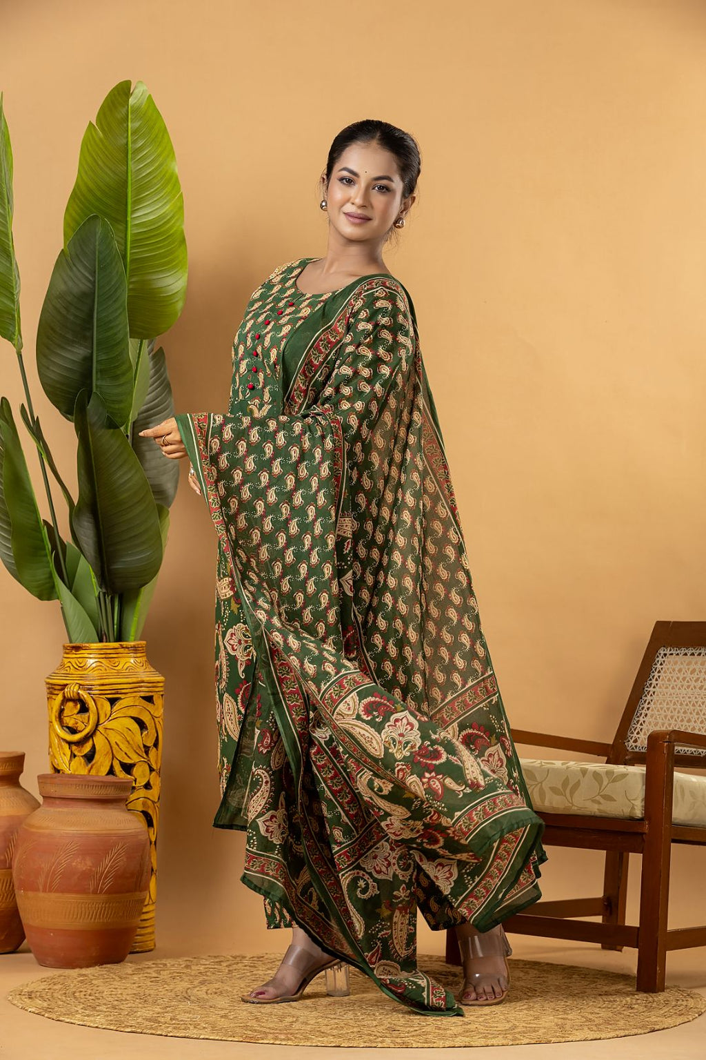 Dark Green Paisley Print Kurta With Pant & Dupatta