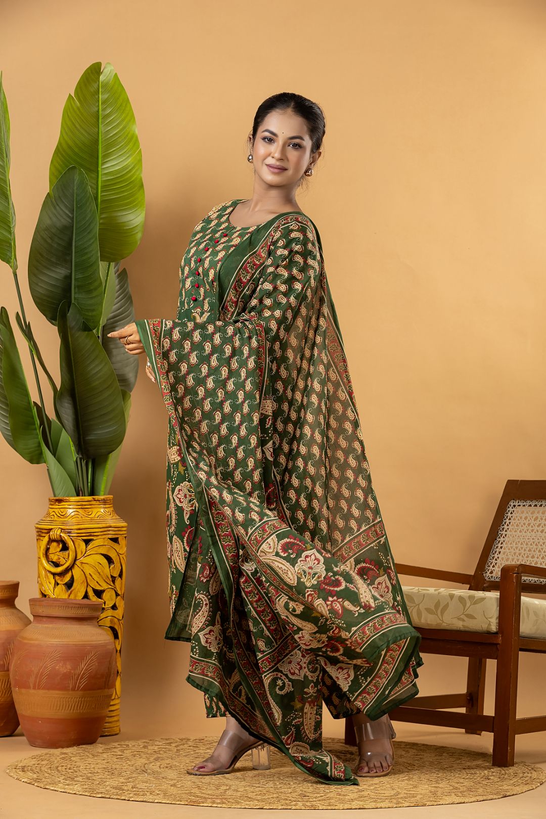 Dark Green Paisley Print Kurta With Pant & Dupatta